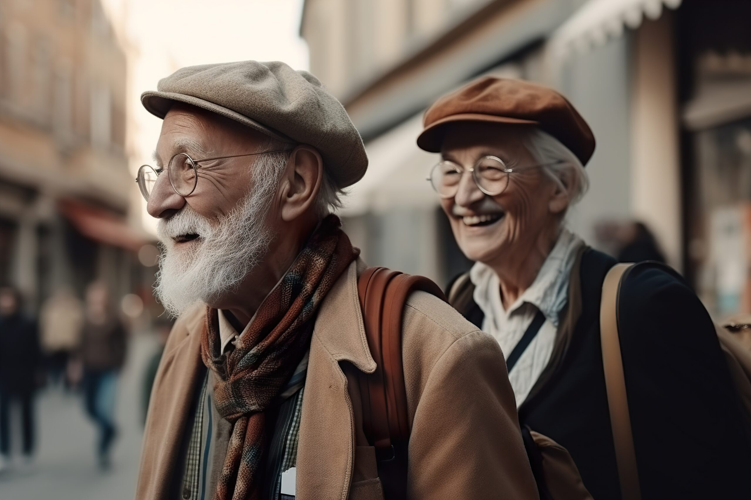 Beautiful seniors couple outdoors in the city. Smiling old people. Happy retirement. Positive aging. Pensioners are joying each other, good mood. Cool senior. Portrait, close up view. Generative AI